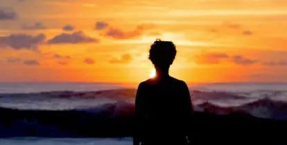 silhouette of person looking at waves under colorful sunset