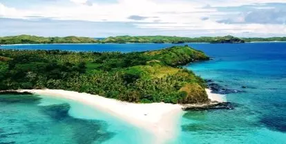 beach with green trees surrounded by blue water