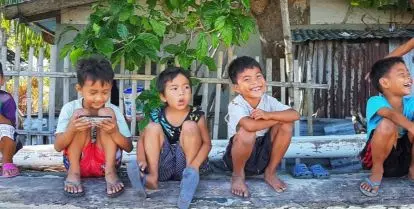group of children sitting under leaves of a tree