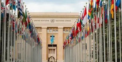 rows of flags on green grass leading to building